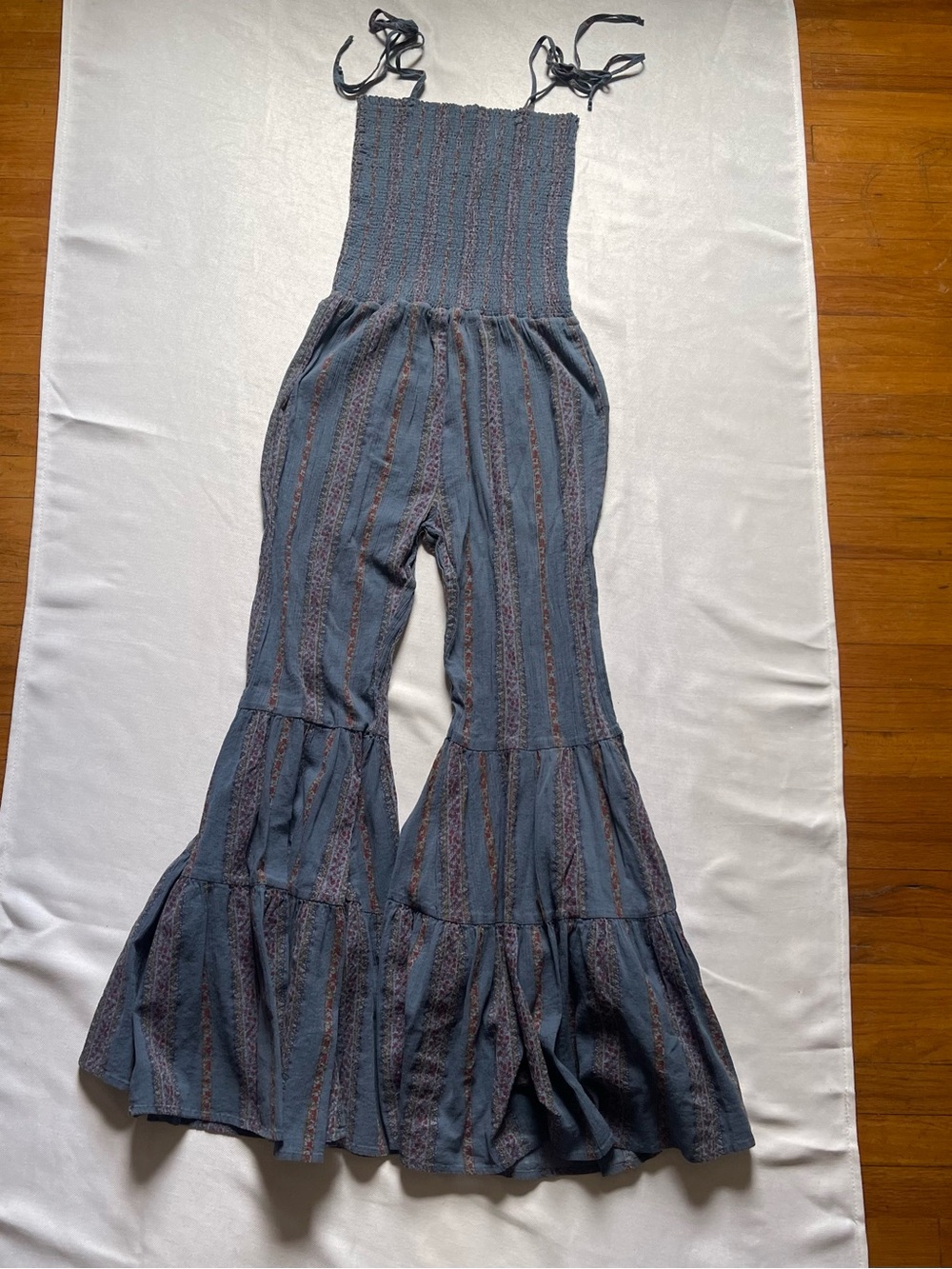 STORIA M Smocked bell bottom  Blue Striped Flared Leg Sleeveless Women Jumpsuit